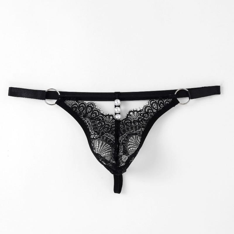 Sissy Pouch Panties Sexy Men Lingerie Waist Adjust Lace Perspective T-Back Thong Low Rise Crossdresser G-String Pearl Underwear