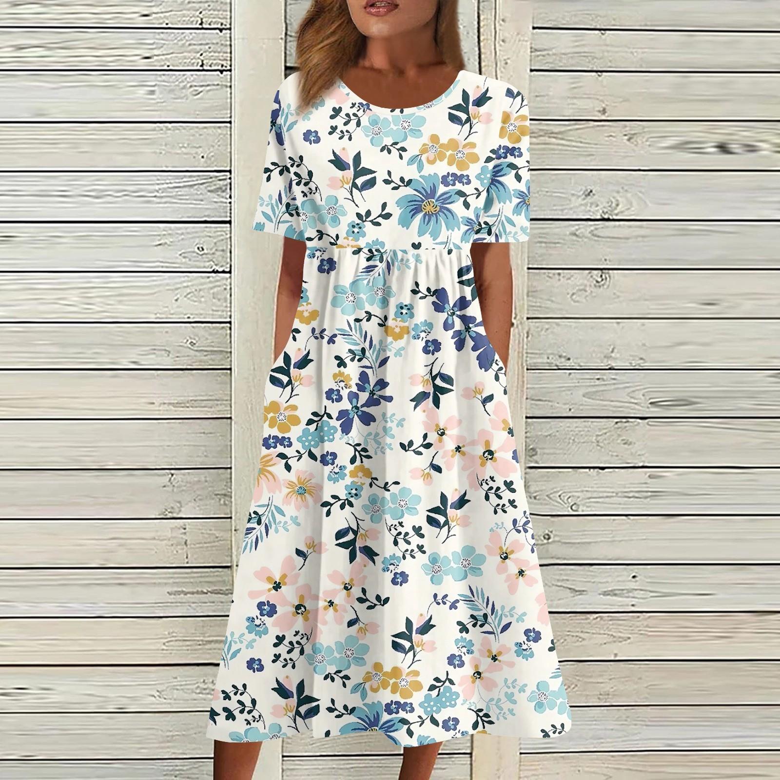 

Женское струящееся платье миди в стиле бохо с цветочным принтом, повседневное свободное летнее платье с коротким рукавом для пляжного отдыха и карманами L