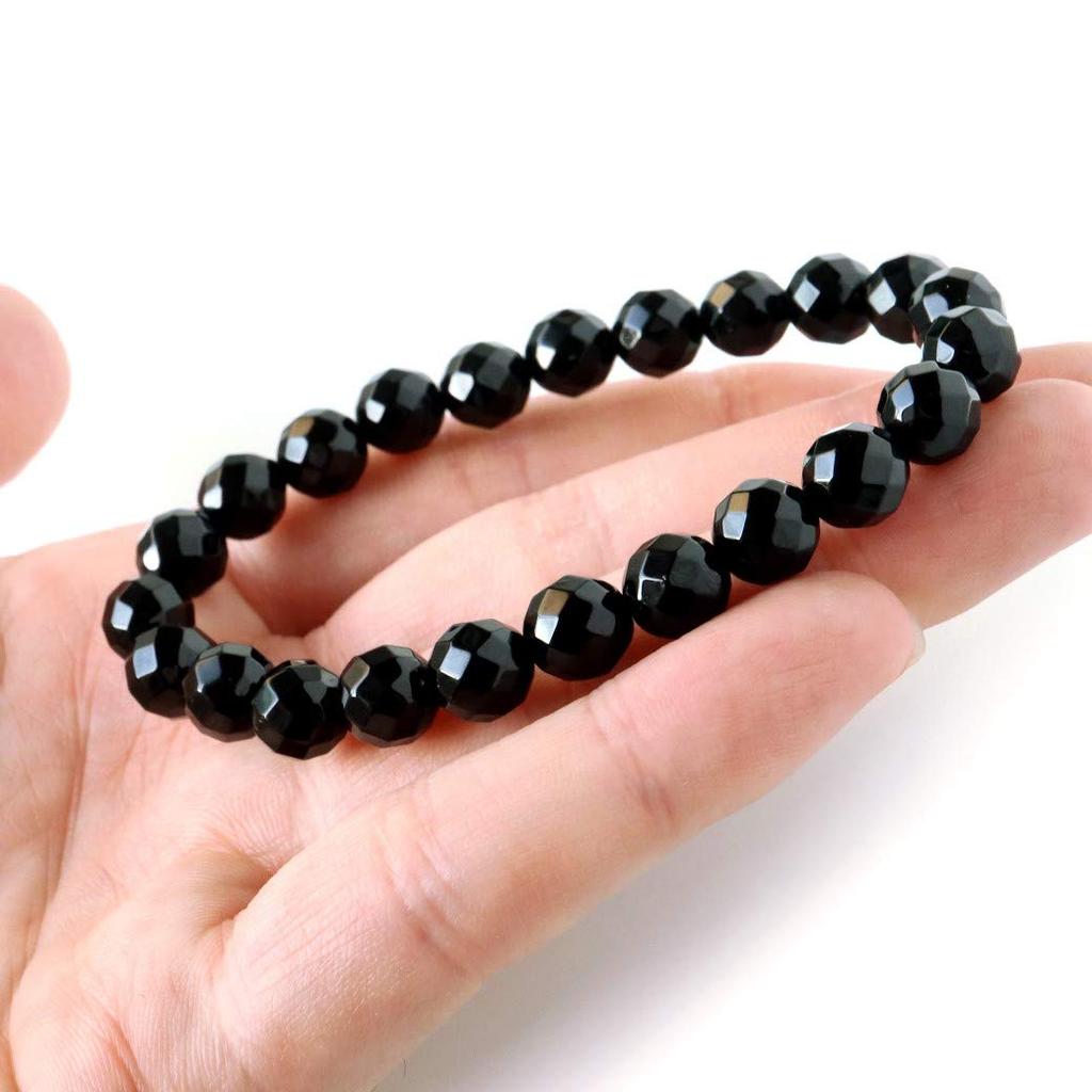 and Onyx and Black Agate Natural Power Stone 64 Inner Men's Women's Bracelet, Facets, 8mm, Circumference Approx. 16.5cm