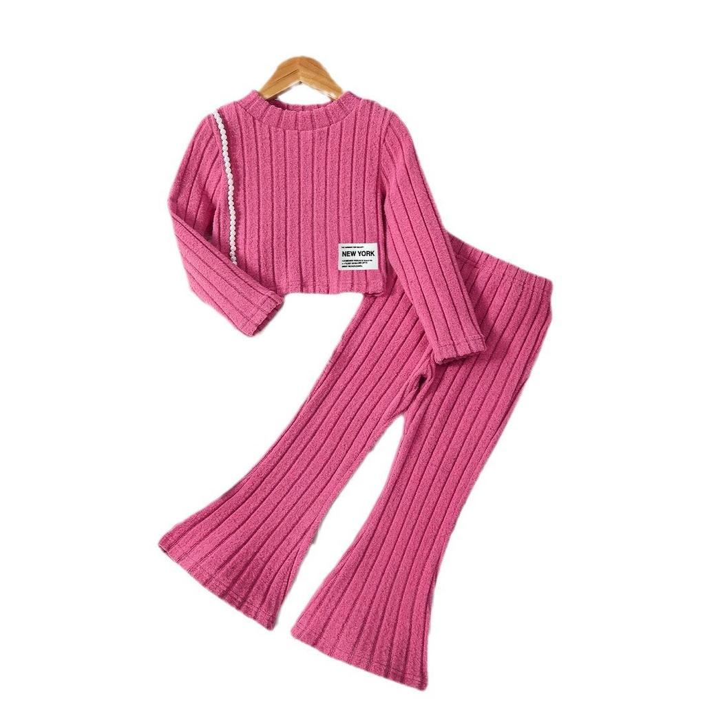 Mädchen Langarm T-Shirt Mode Warm Schlaghose Set Frühling und Herbst, Geeignet für 1-8 Jahre alte Kinder Freizeitanzug