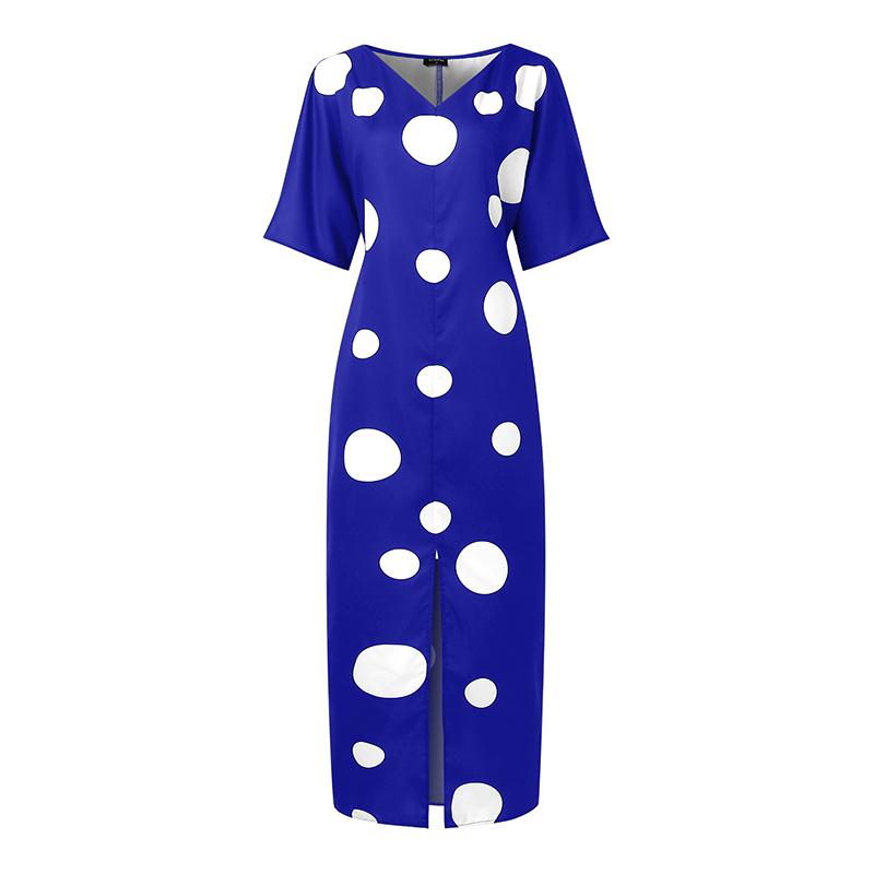 Oversized Women Half Sleeve Polka Dots Print Slim Waist Casual Loose Maxi Long Dress