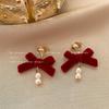 Red Flocked Fabric Bowknot Flower Clip On Earrings Without Pierced Women's Party Festival Elegant Cuff Earrings Ear Clip