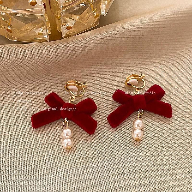 Red Flocked Fabric Bowknot Flower Clip On Earrings Without Pierced Women's Party Festival Elegant Cuff Earrings Ear Clip