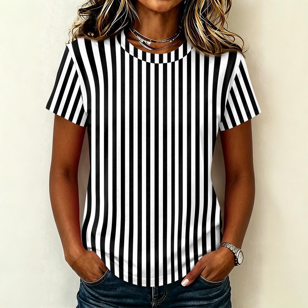 Women's Casual Crew Neck Short Sleeve Pullover T-Shirt Vertical Stripe Print Top Lightweight Soft Fabric Summer Wear