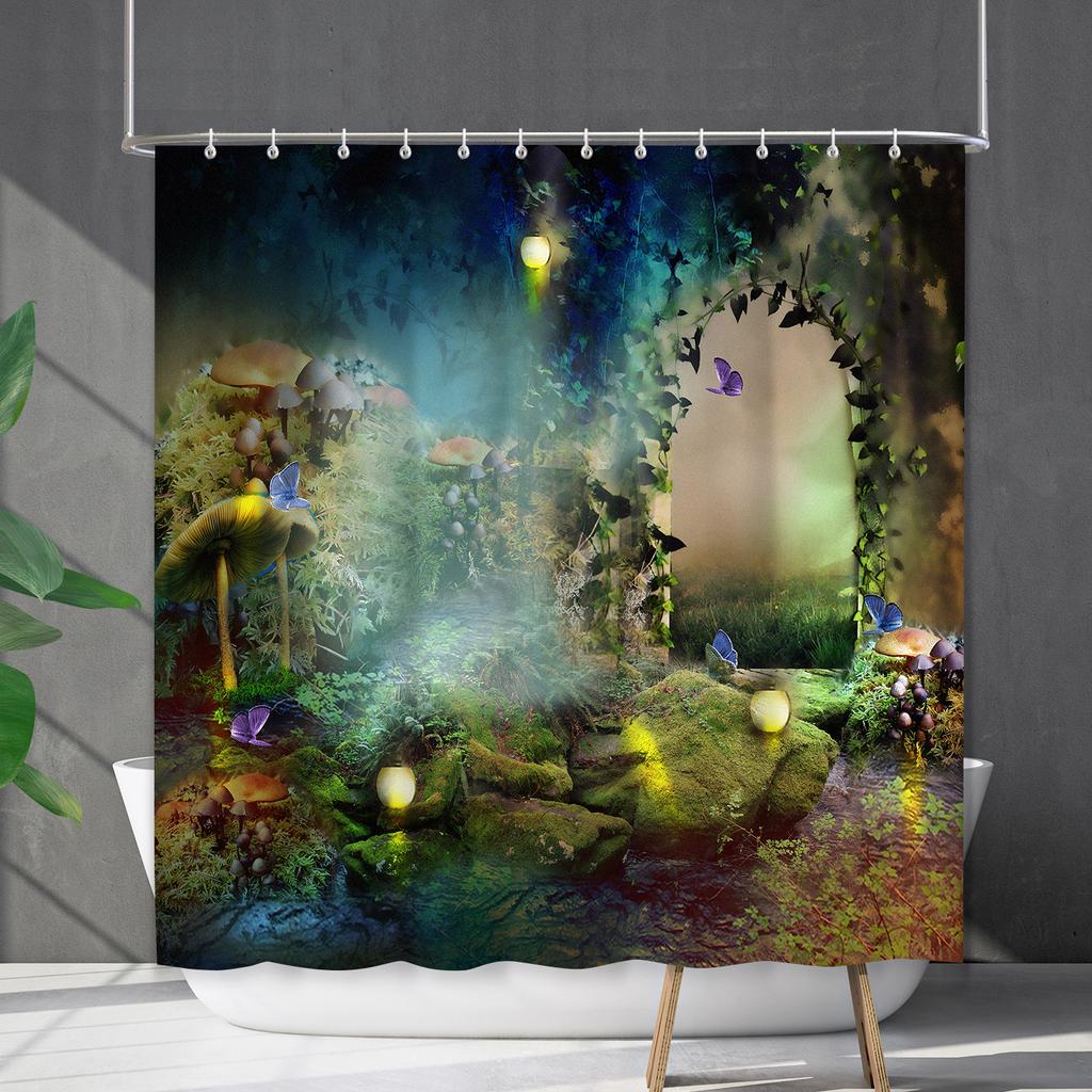 Bathroom Waterproof Curtain Digital Printing Plant Mushroom Shower Curtain Non-Punching Toilet Partition Curtain Shower Cloth