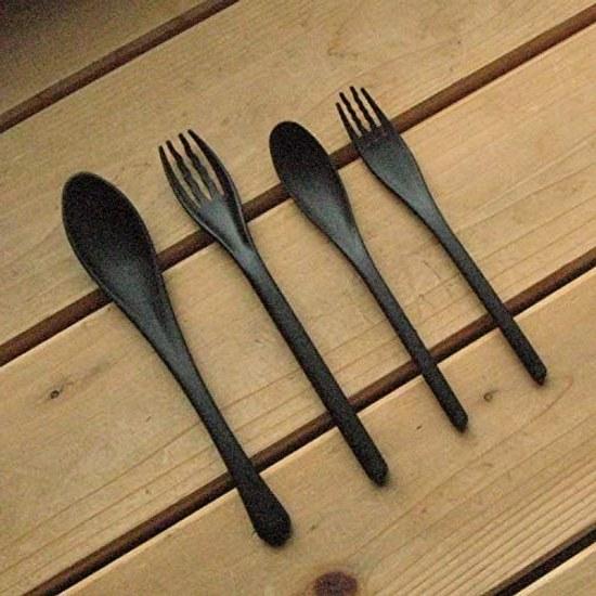 NagaO Heat-Resistant Plastic Dinner Cutlery Set 4 Pieces Black Dishwasher Safe Made Japan