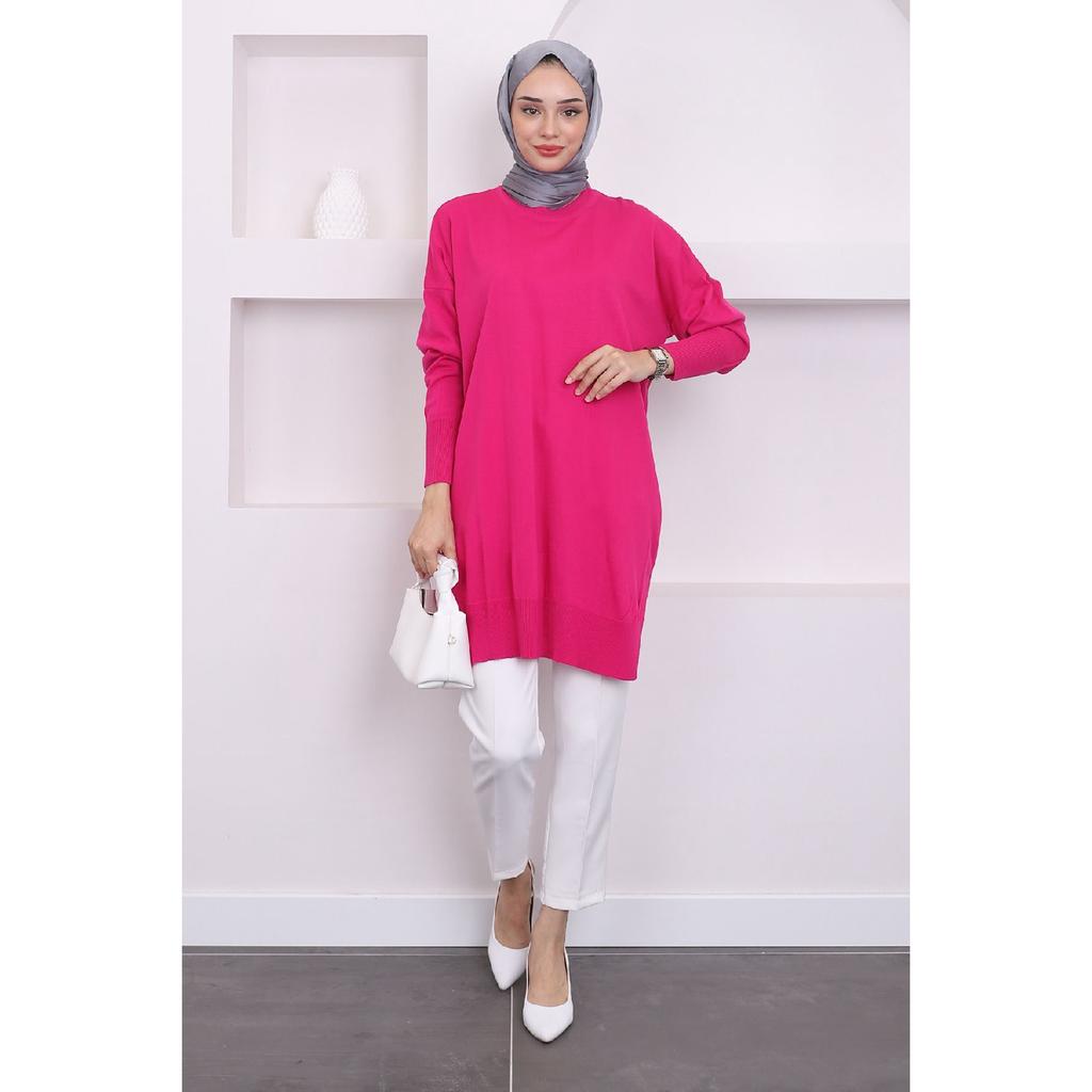 Dark Fuchsia Crew Neck Thin Mercerized Loose Knitwear Tunic
