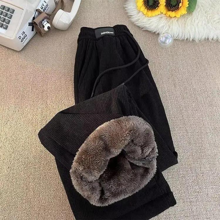 

Women High Waist Elastic Pants Plus Size Wide Leg Trousers Casual Solid Colour Thickened Stretchy Versatile Long Pants M чёрный