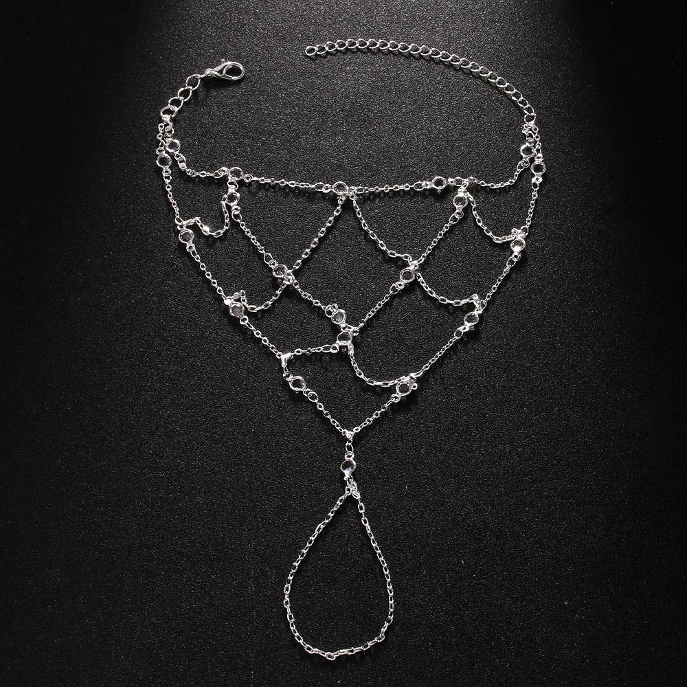 

Bohemian Mesh Rhinestone Hand Chain Bracelet Ring Luxury Crystal Beads Link Ring Bracelet Waterproof Bridal Wedding Gift срібний