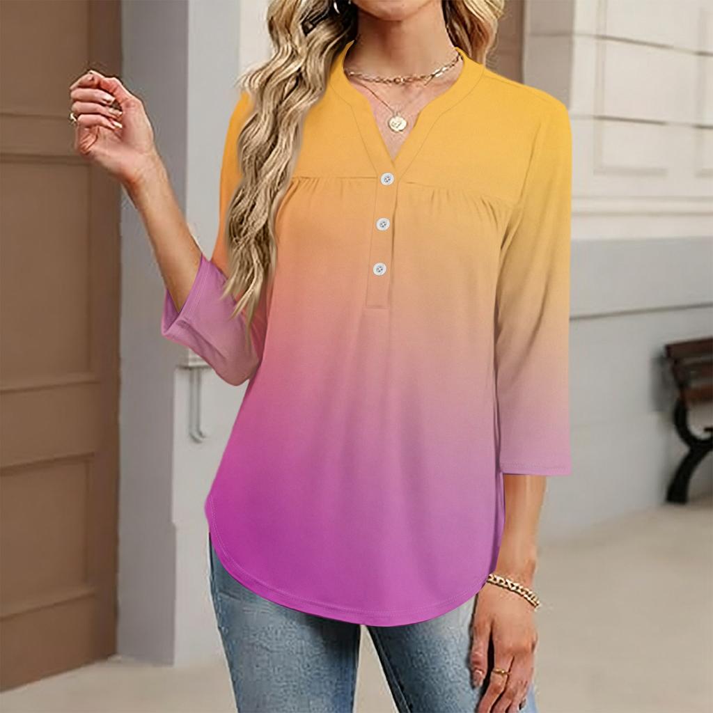 Women's Fashionable Casual Color Block Gradient Print V-Neck Button Three-Quarter Sleeve T-Shirt Top