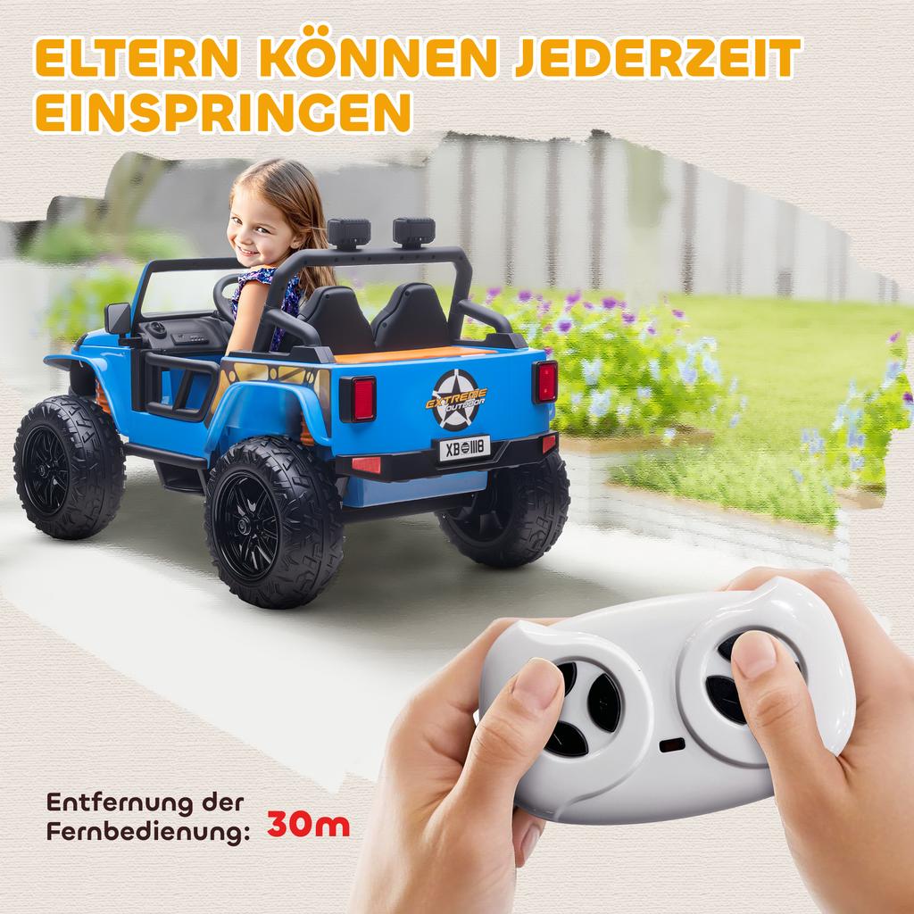 Electric Vehicle for Kids, 12V Battery, with Parent-Child Seat, Remote Controllable, Music, Horn, LED Lights, 3-8 Years, Blue