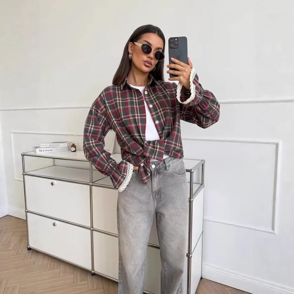 Red Black Gray Plaid Shirt with Lace Cuff Detail