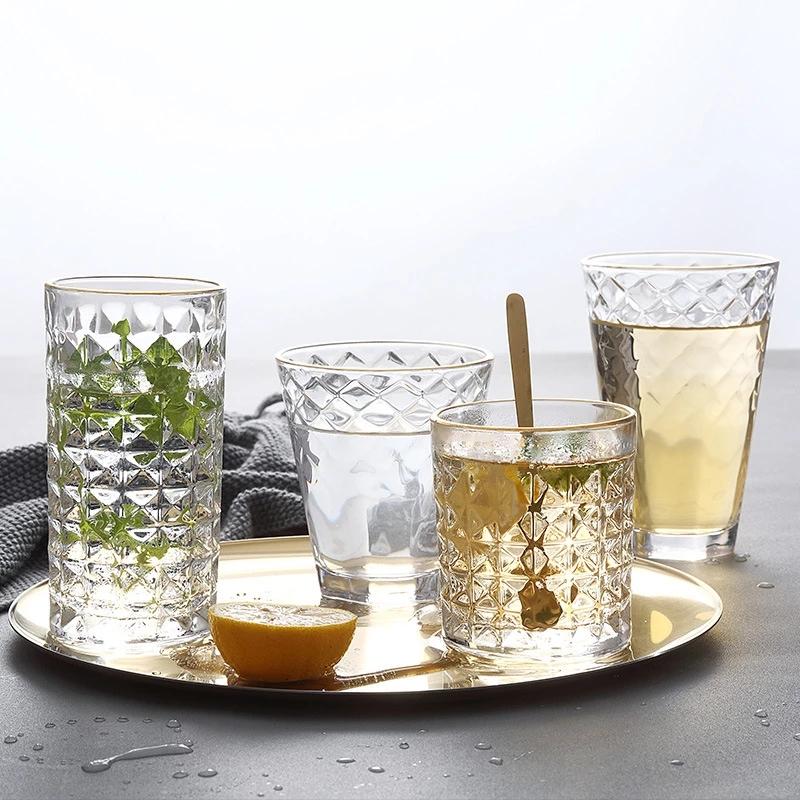 3/2/Pcs Embossed Glass Cup Coffee Mug Transparent Gold Rim Whisky Wine Glass Home Office Bar Milk Beer Juice Drinking Water Cups