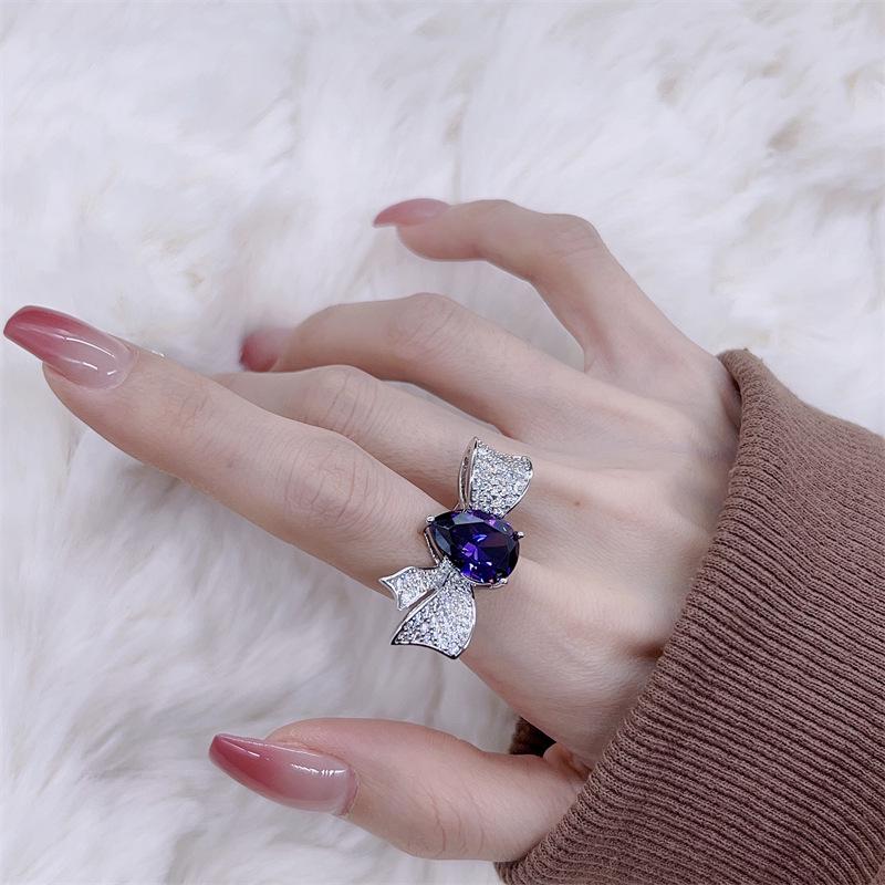 Pear-Shaped Zirconia Bow Open Ring - Trendy Korean Design Jewelry for Women Adjustable Open