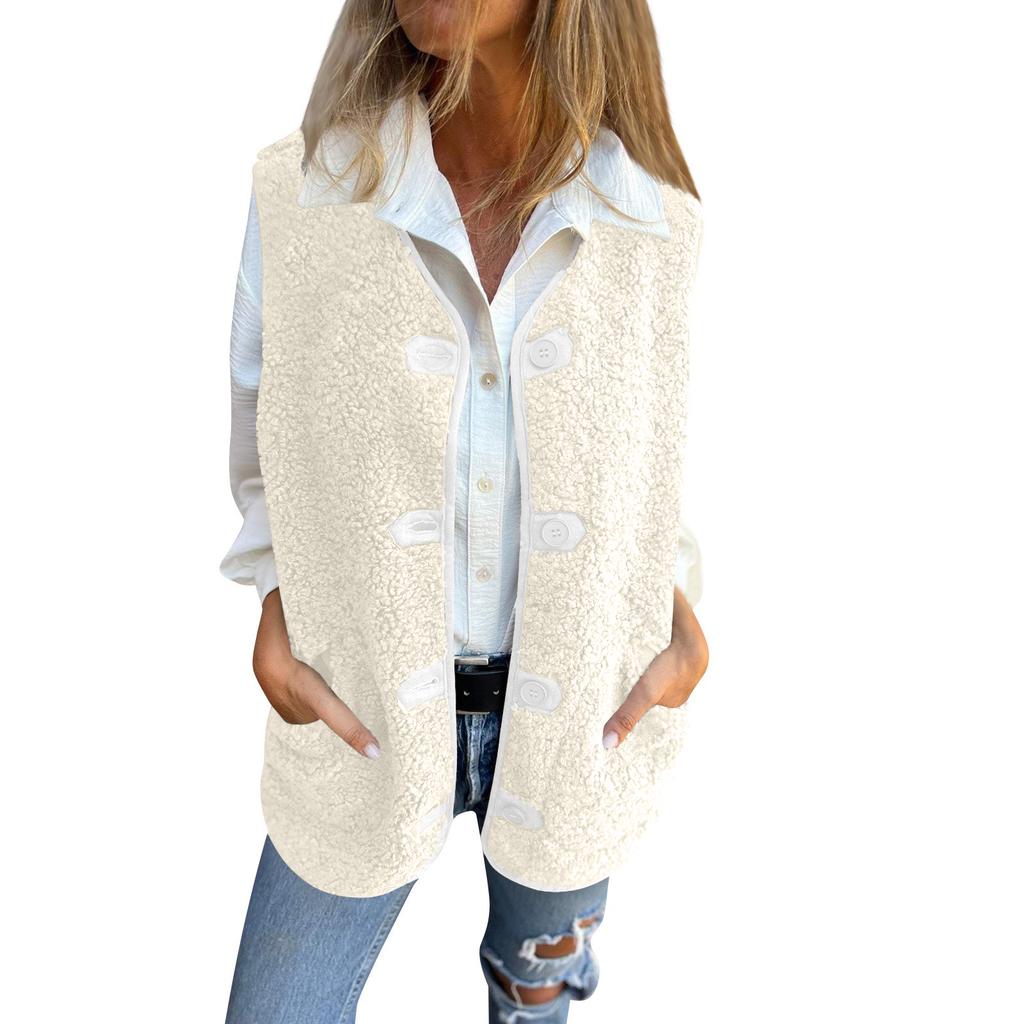 Women's Pocket Solid Color Sleeveless Cropped Fleece Button Vest Jacket Vest Coat