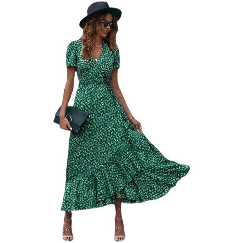 Sweet Young Summer New V-neck Little Floral Tight Waist Shoelace Asymmetrical Ruffled Short Sleeves Dress Dress