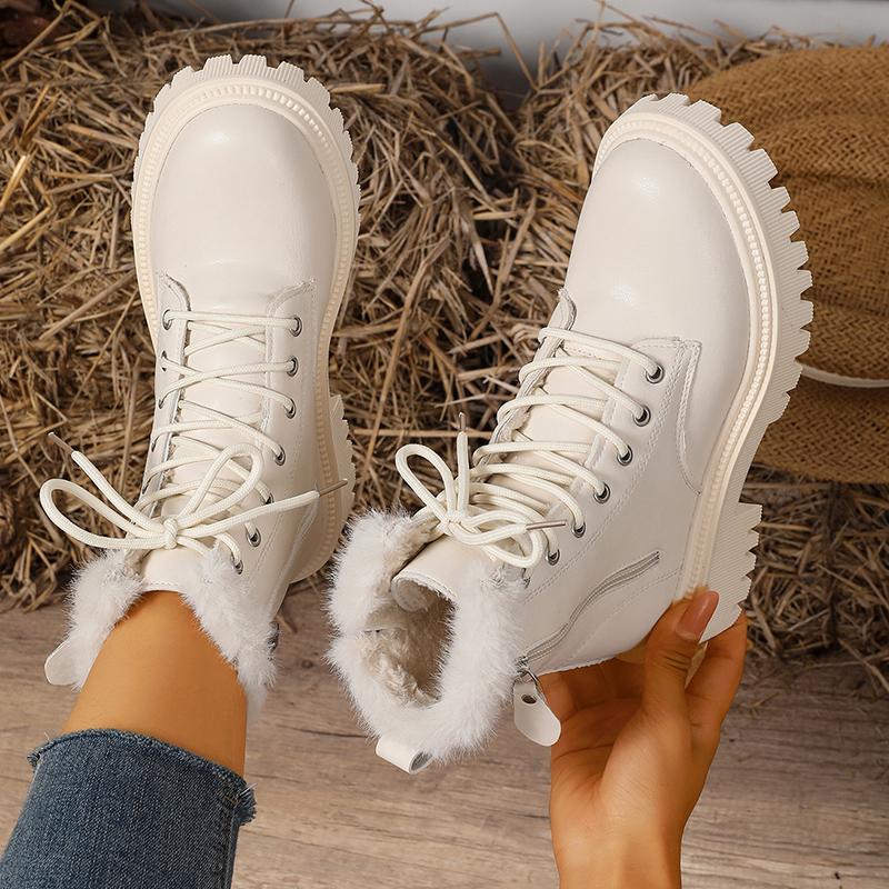 Fashion Autumn Winter Plush Warm Ankle Boots Women Fashion Solid Color PU Leather Short Boots Woman Plus Size Non Slip Platform Booties