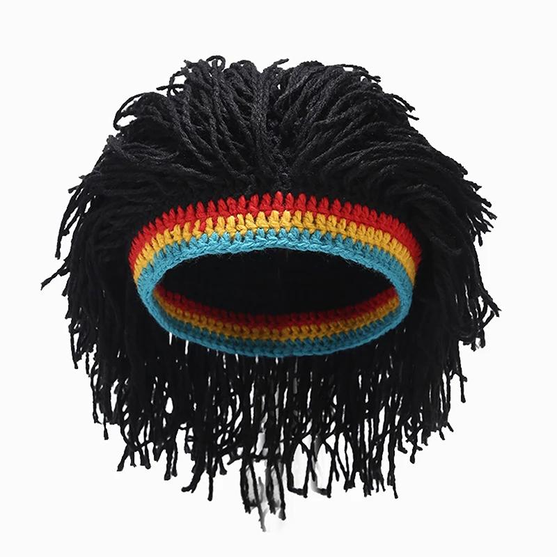 

Wig Beanie Caps For Men Handmade Crochet Winter Warm Hat Party Halloween Holiday Birthday Gifts Funny Party Wig Black Brown