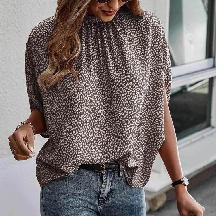 Elegant Leopard Print Chiffon Shirt for Women Bat Sleeve Summer Top Strap Blouse