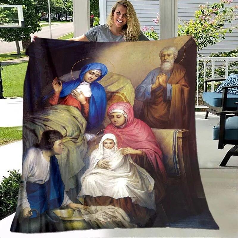 Jesus Jungfrau Maria Prayer Blanket- Lightweight Flannel Throw for Sofa ,Digital Printed Blanket with Soft & Worm Flannel Fabric