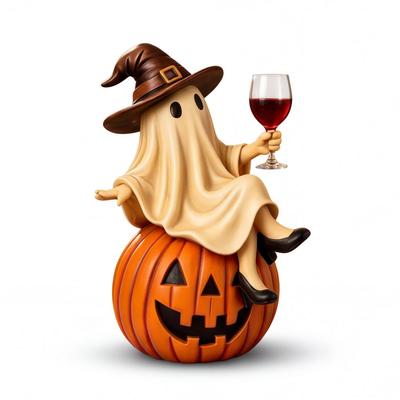 Spooky Ghost with Wine Glass Halloween Figurine Resin Witch Pumpkin Tabletop Centerpiece for Mantel Bar Party Decor Unique Vintage Holiday Ornament