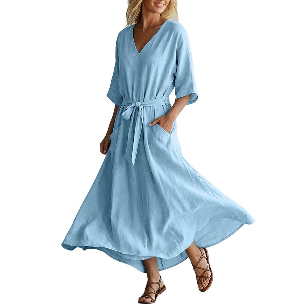 Women’s Summer Casual V Neck Short Sleeve Dress with Waist Tie Relaxed Fit Lightweight Midi Length for Everyday Wear