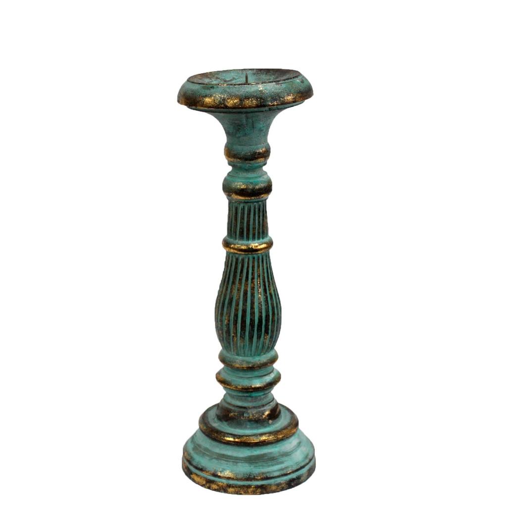 Wooden Candlestick Holder Medium Turquoise Gold