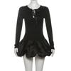 Autumn Women's Temperament Sexy Lace-up Flower Buds Short Skirt Long-sleeved Slim Dress