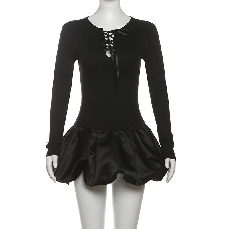 Autumn Women's Temperament Sexy Lace-up Flower Buds Short Skirt Long-sleeved Slim Dress