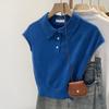 Vintage-Style Blue Knit Polo Collar Women's Short Sleeve Button-Up Top