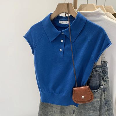 Vintage-Style Blue Knit Polo Collar Women's Short Sleeve Button-Up Top