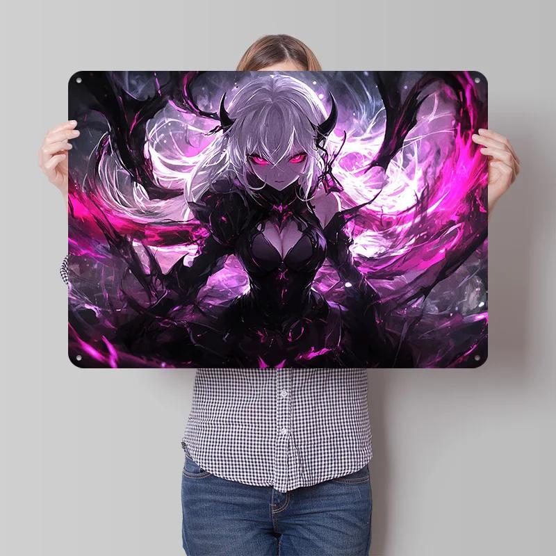 Dark Anime Girl With Horns D Texture Printed Poster Custom Vintage Metal Tin Plate Sign for Wall Art Gaming Room Decoration Man