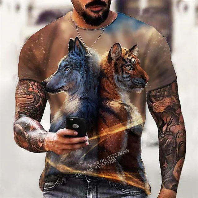 

Футболка с рисунком рыбы Тигр и Волк 3D-печать Мужская мода Уличная одежда Топы Летняя футболка с коротким рукавом Смешная футболка 6XL