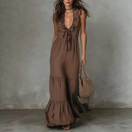 Women's Ruffle Deep V Neck Maxi Dress, Sleeveless Tiered Ruffle A-line Long Dress, Summer Beach Vacation Sundress