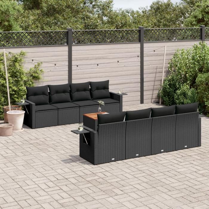 VidaXL Salon de Jardin avec Coussins 9 pcs, Canapés de Terrasse, Ensemble de Meubles de Patio, Mobilier d'Extérieur, Noir 3224480