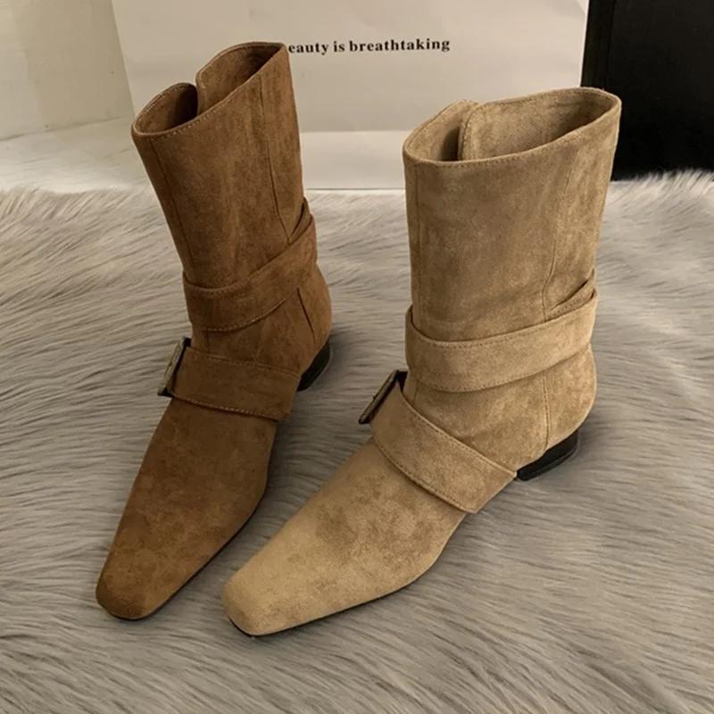 Suede Metal Buckle Belt Ankle Boots Sexy Square Toe Suqare Heel  New Arrivals Fashion Women Modern Slouchy Boots