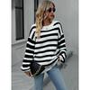 Women's Crew Neck Long Sleeve Sweater Loose Fit Casual Horizontal Stripe Acrylic Knit Pullover