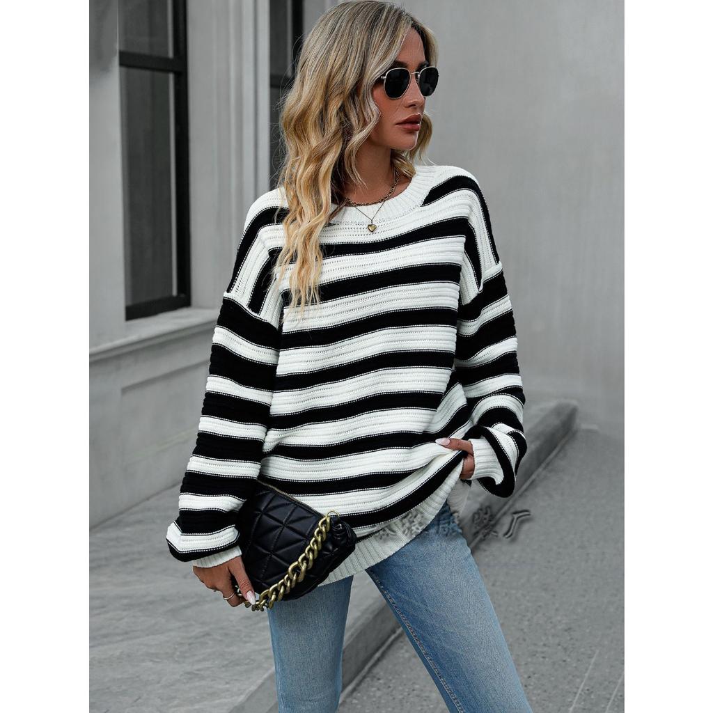Women's Crew Neck Long Sleeve Sweater Loose Fit Casual Horizontal Stripe Acrylic Knit Pullover