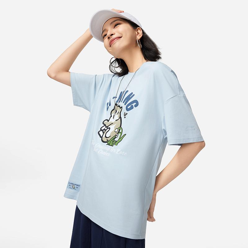 Li-Ning Cooling Tea T-Shirt Quick-Dry Cool Casual Sports Top Letter Print Round Neck Loose Short Sleeve Women Tops Cloud-Blue AHSU750-2