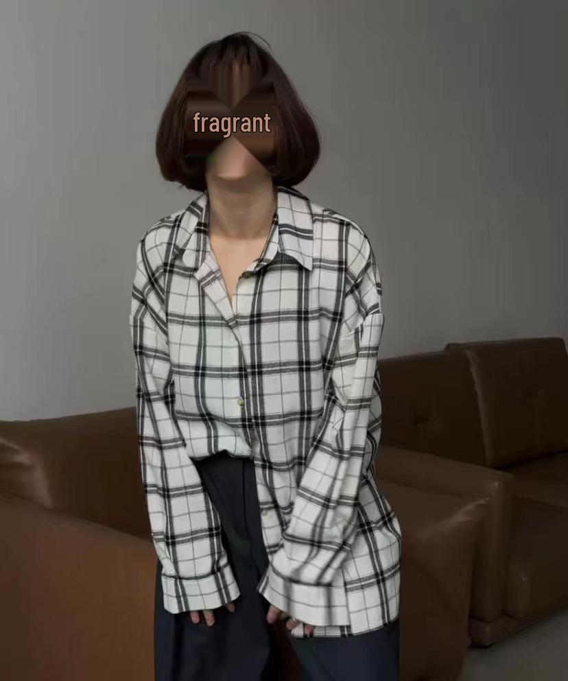 Plaid Turn-Down Collar Loose Long-Sleeve Women's Shirt for Spring/Autumn 2025
