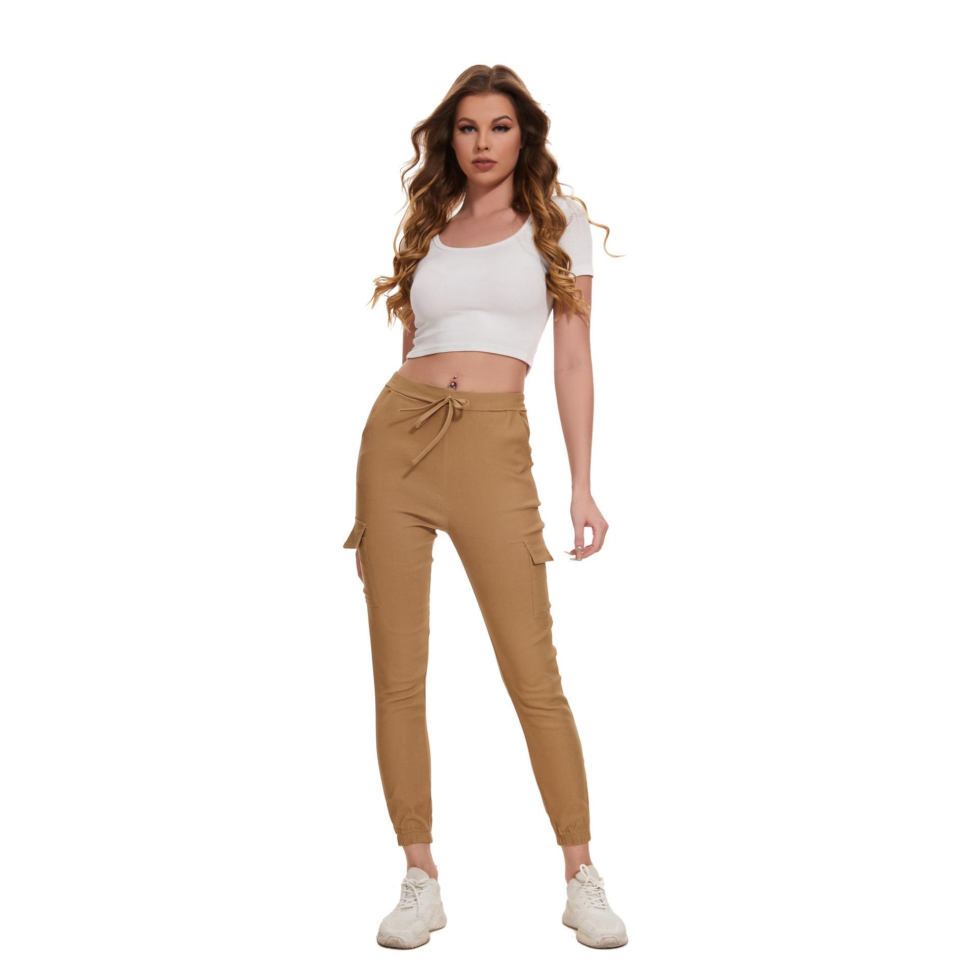 

Women s Summer Multi-Pocket Elegant Casual Elastic Waist Tie Cargo Pants Clothes Sale S хаки
