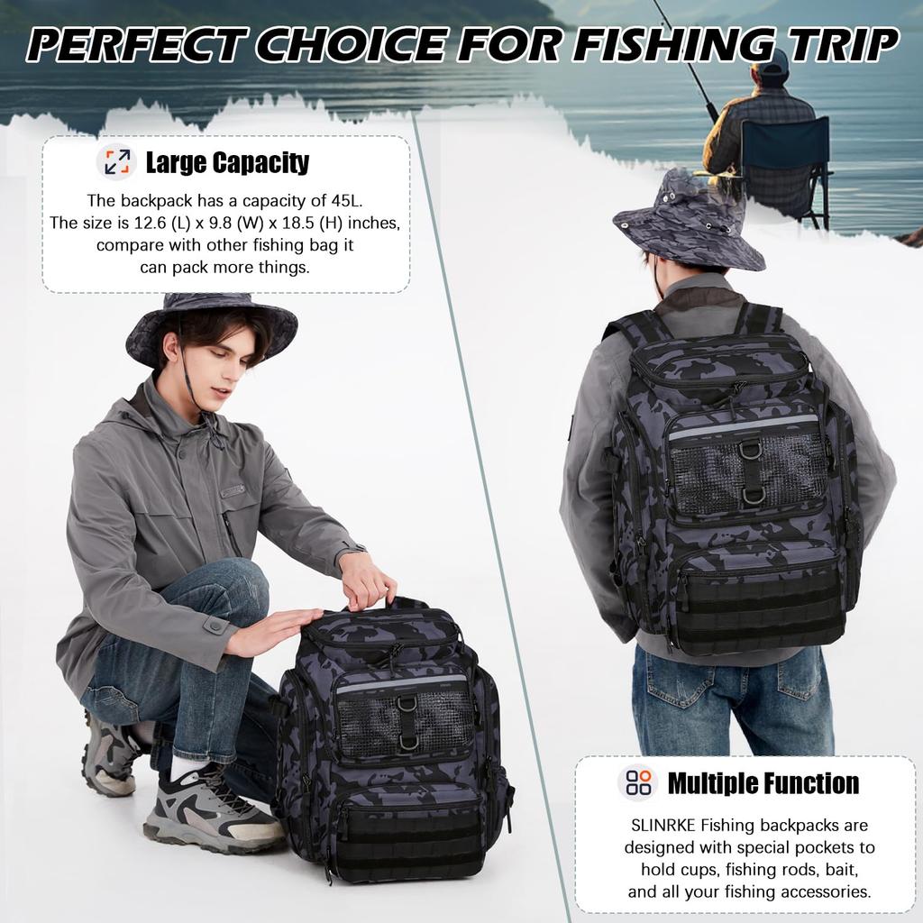 Fishing Backpack with Rod Holders - 45L Large Waterproof Fishing Bag for Outdoor Camping and Hiking (Black Blue Camouflage)