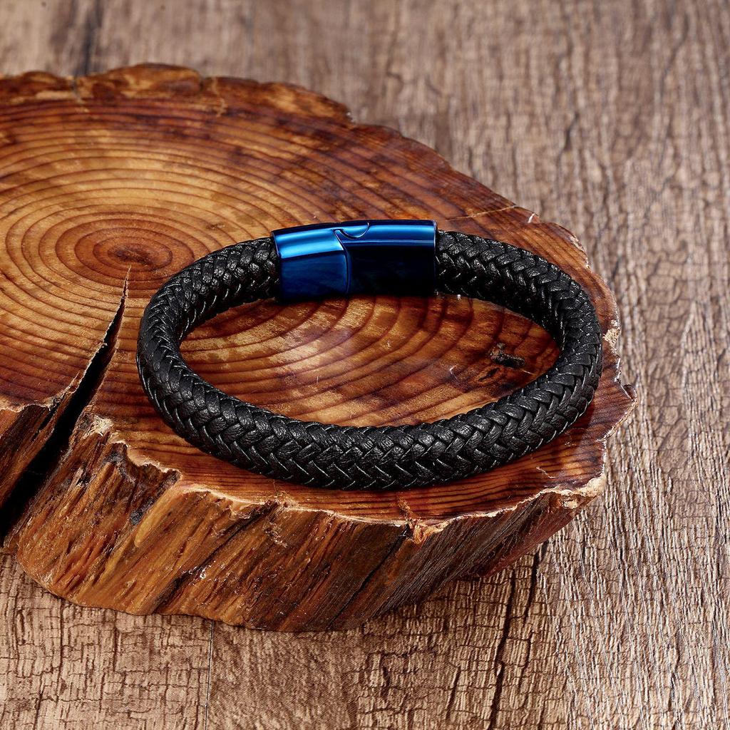 Men's Minimalist Stainless Steel & Leather Woven Bracelet Cuff