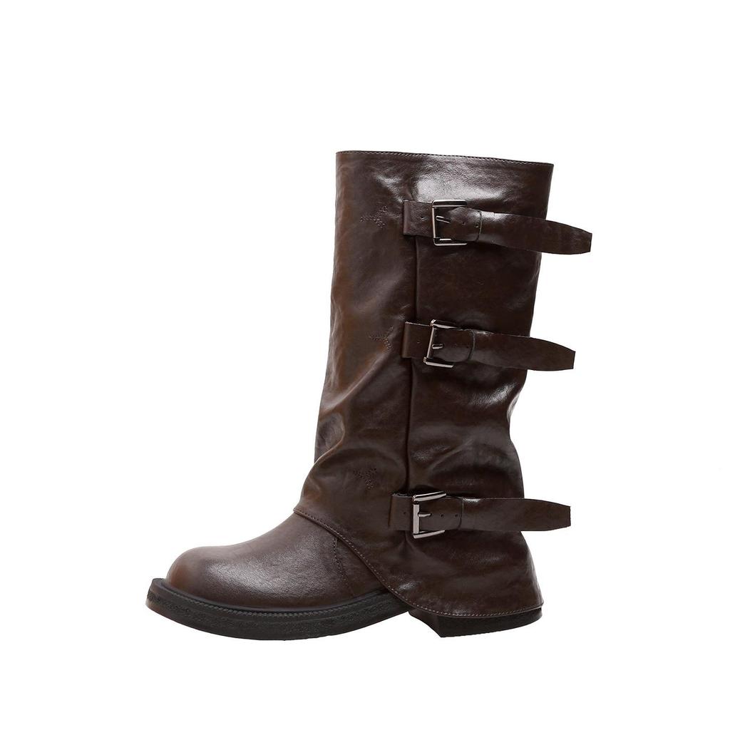 8cm Hidden Heel Women's Mid-Calf Boots - 2025 Autumn/Winter Collection, Thick Sole with Buckle & Wrinkled Design.