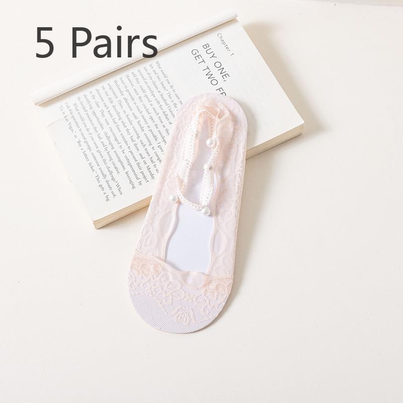 5 Pairs of Women's Summer Thin Lace Lace Lace Pearl Halter Boat Socks