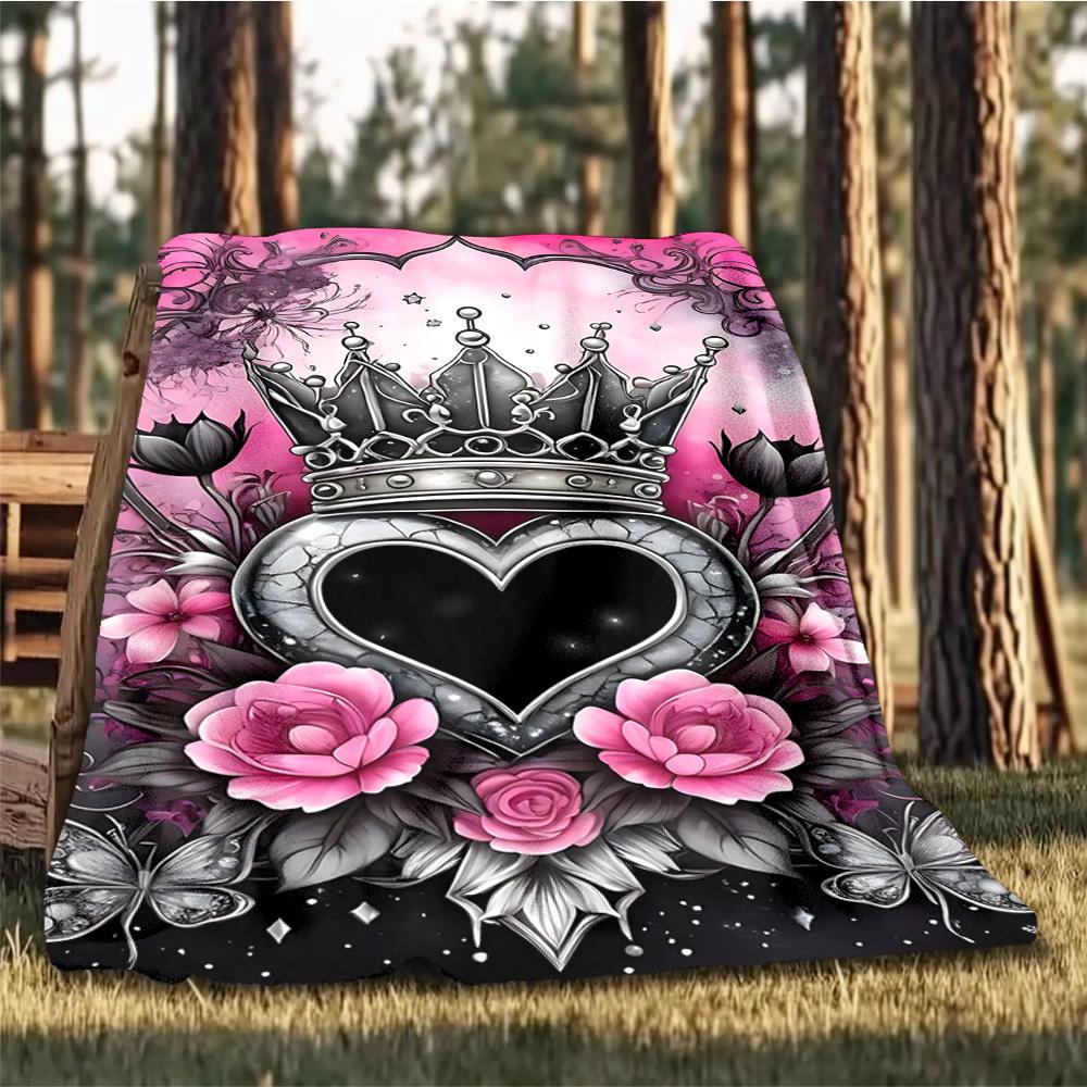 1pc Crown Heart Floral Decor Outdoor Flannel Blanket Soft All Season Polyester Throw , Perfect for Picnics & Travel , Picnic Accessory