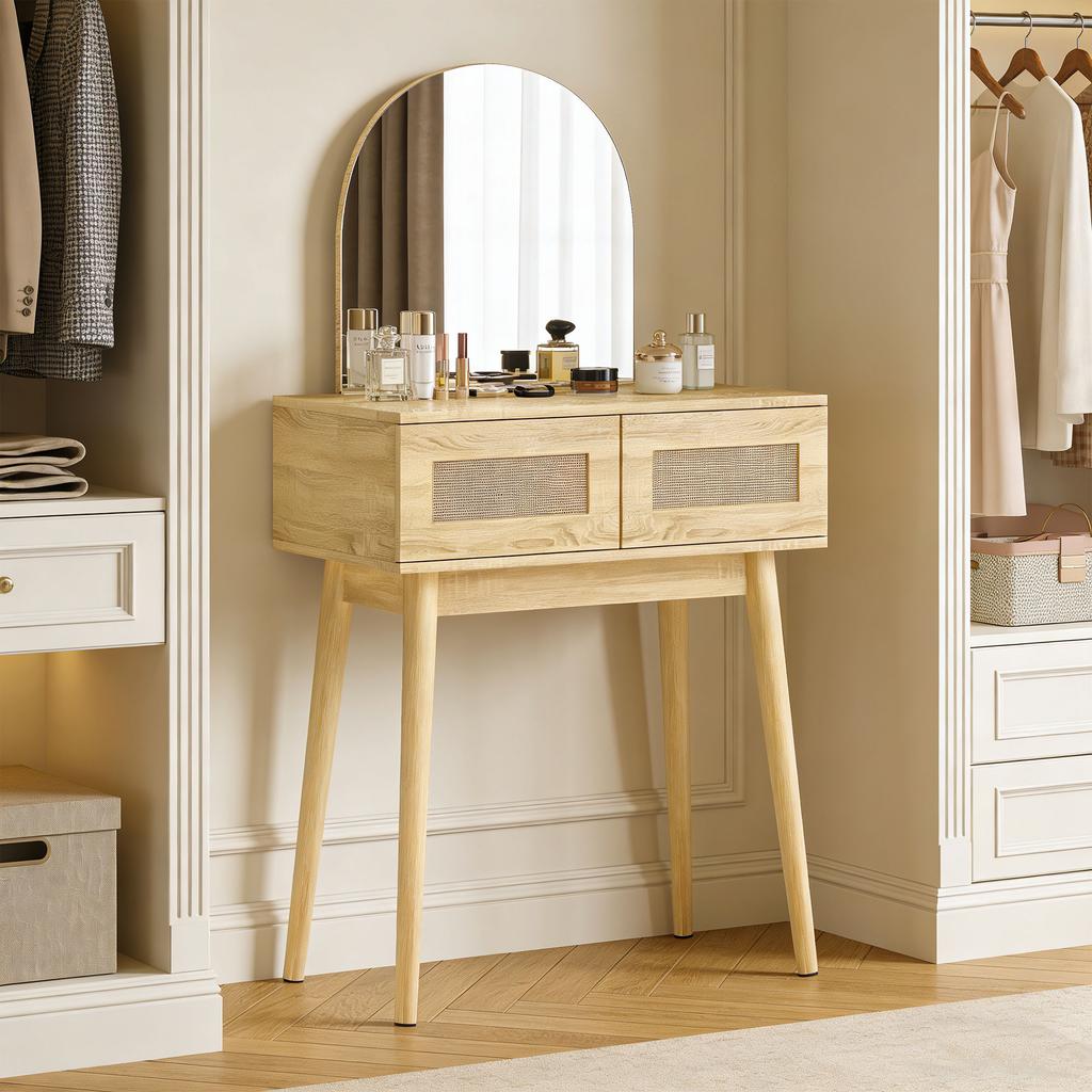 Dressing Table, Compact Vanity Desk with Mirror and 2 Drawers, Natural Wood Finish
