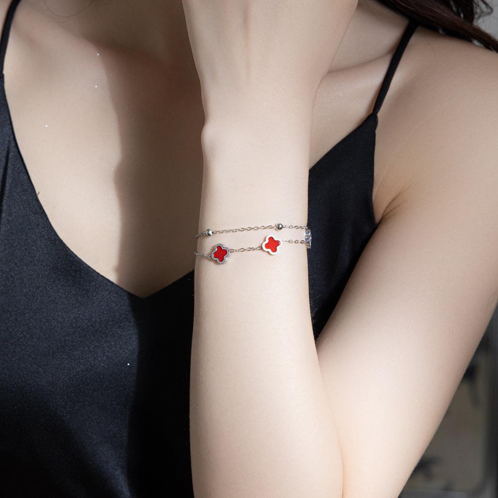 18K Titanium Steel Double-layer Bracelet with Four Leaf Clover, Light Luxury and High-end Feel, Women's Bracelet, Simple Hand Accessory
