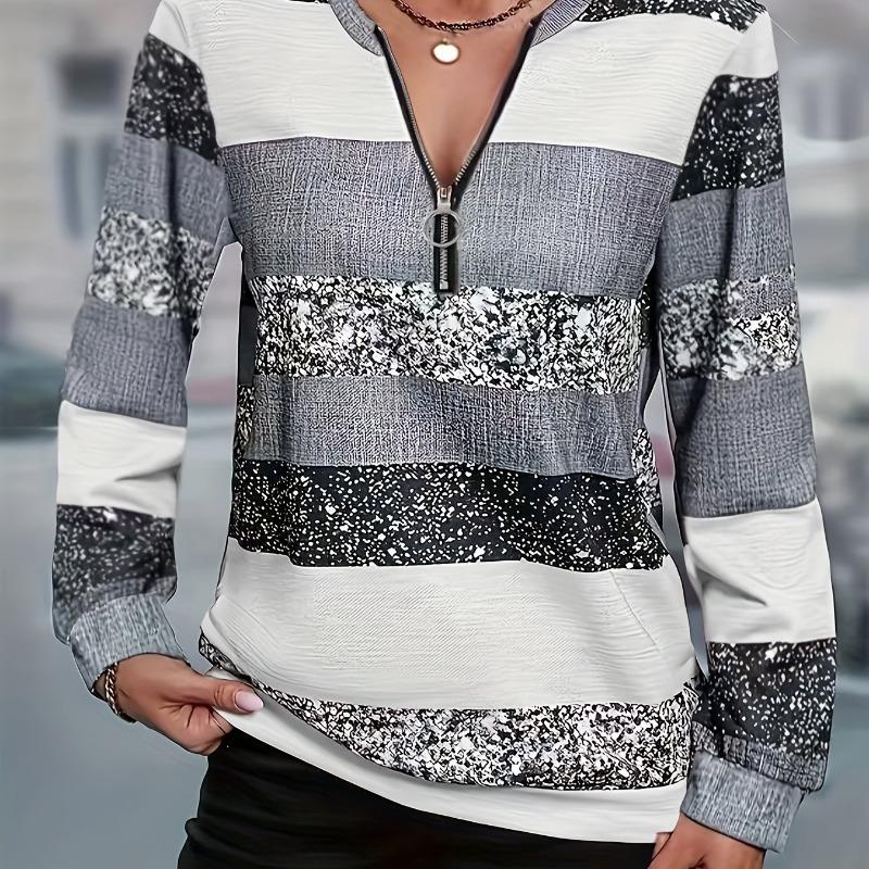 Women's casual striped zipper detail pullover, perfect for spring, summer and autumn