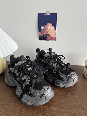 Men's & Women's Breathable Height-Increasing Summer Dad Sneakers with Thick Sole In Black